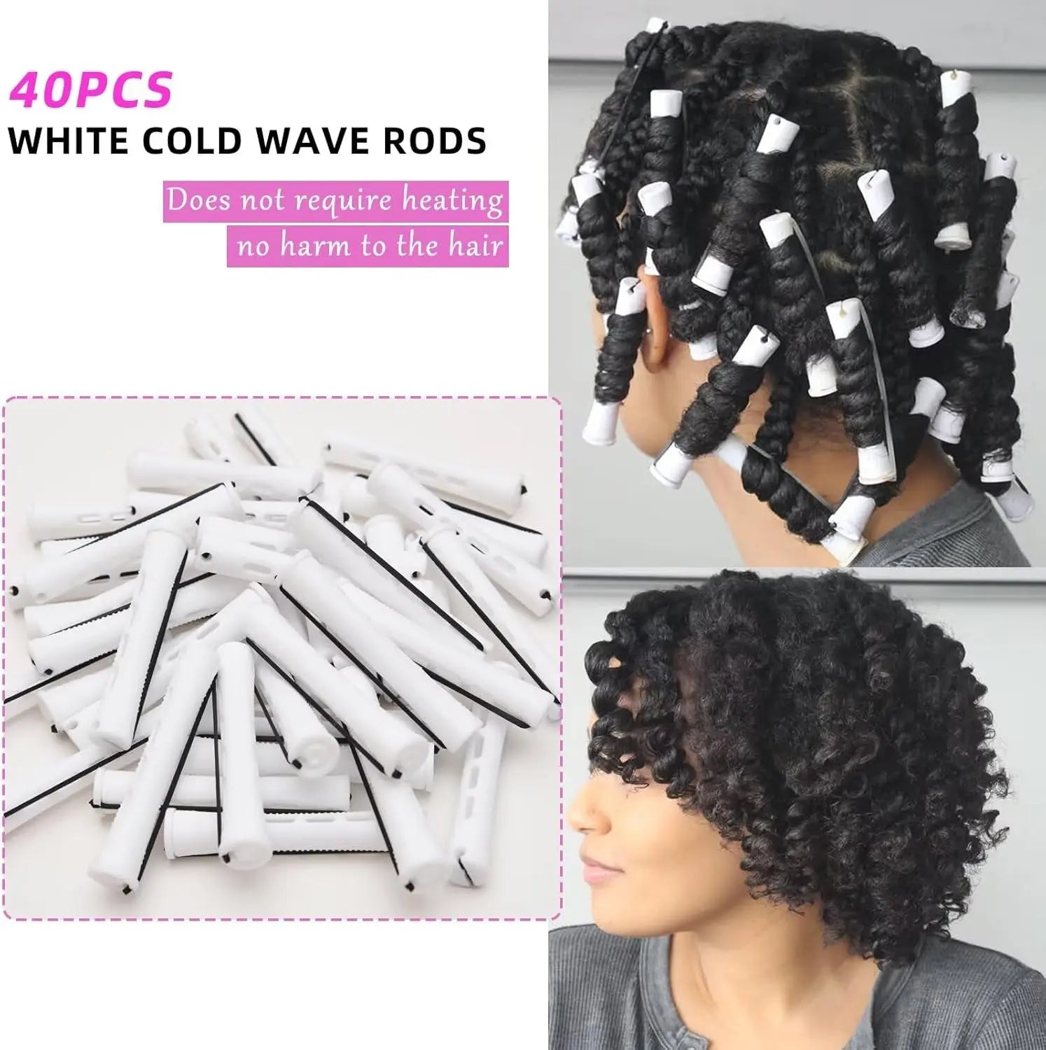 40PCS Perm Rods for Short Long Hair Plastic White Perm Rods for Natural Hair Curling Roller Accessories for Women