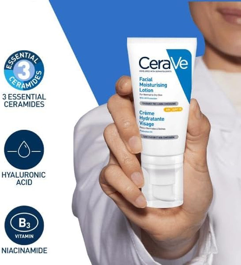 Cerave Facial Moisturising Lotion AM SPF15 52Ml, UV Protection for rmal to Dry Skin, Daily Face Moisturiser with SPF, Hyaluronic Acid + Niacinamide + Ceramides, Fragrance Free + n-Comedogenic