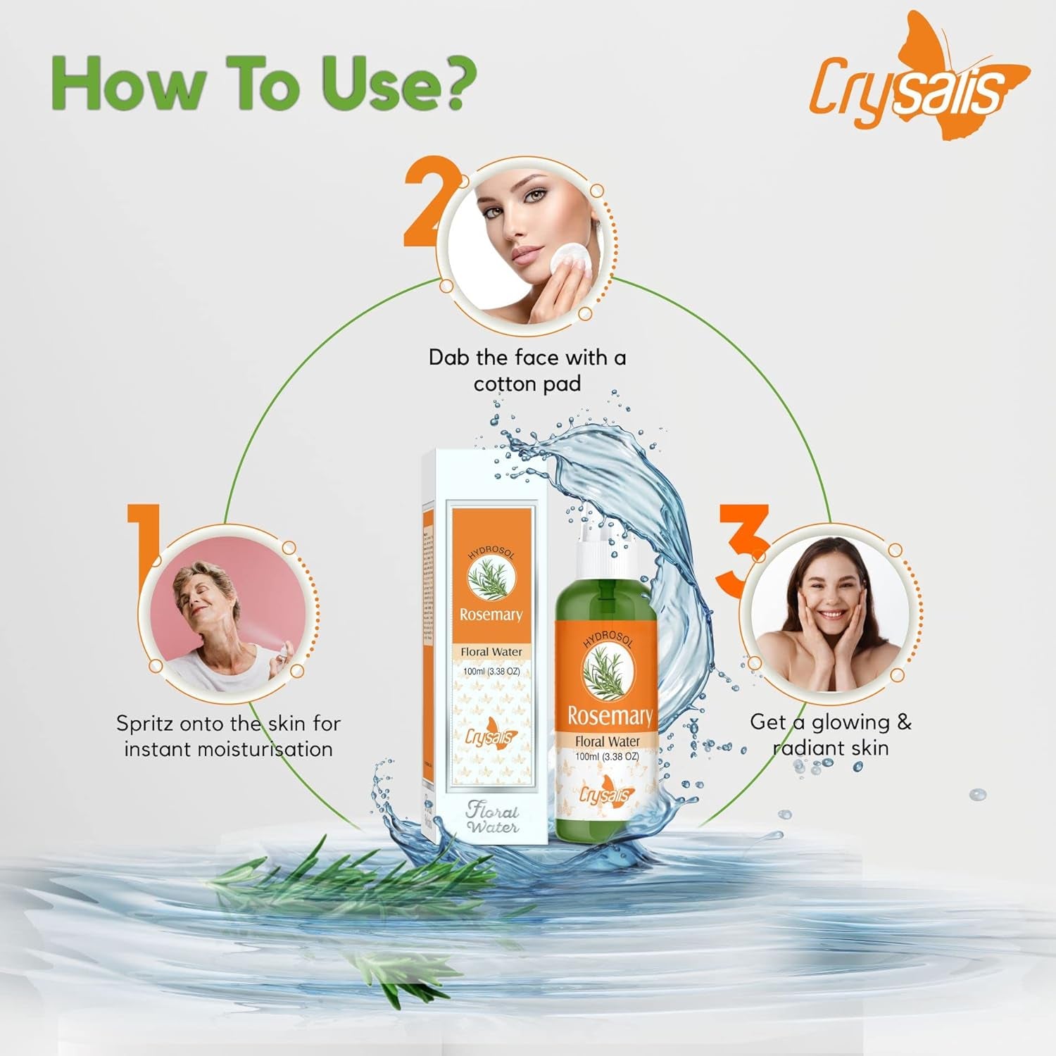 100% Pure Natural Rosemary Hydrosol Uncut Steam Distilled Leaves & Stems of Salvia Rosmarinus Purified Floral Water Cosmetic Grade Facial Aromatic Mist Spray Rejuvenates Skin Cells -100 ML