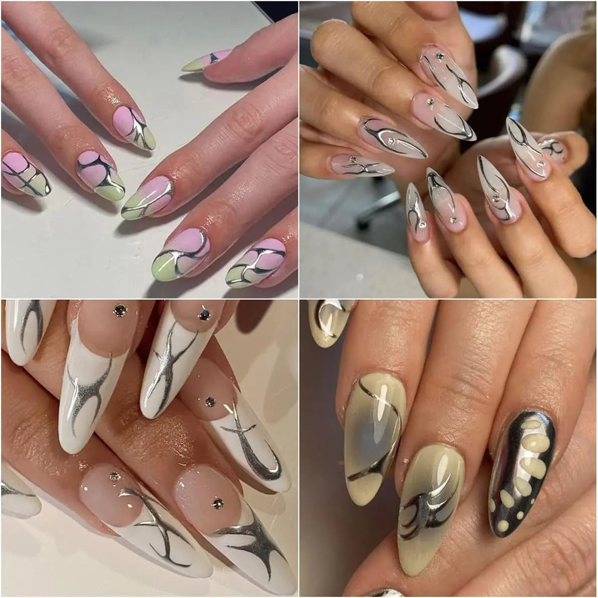 Gold Nail Art Stickers 3D Metal Silver Fish Bone Nail Decals Holographic Stripe Line Graffiti Design Champagne Gold Irregular Geometry Bronzing Nail Supplies Manicure French Nail Art Decoration 6 Pcs