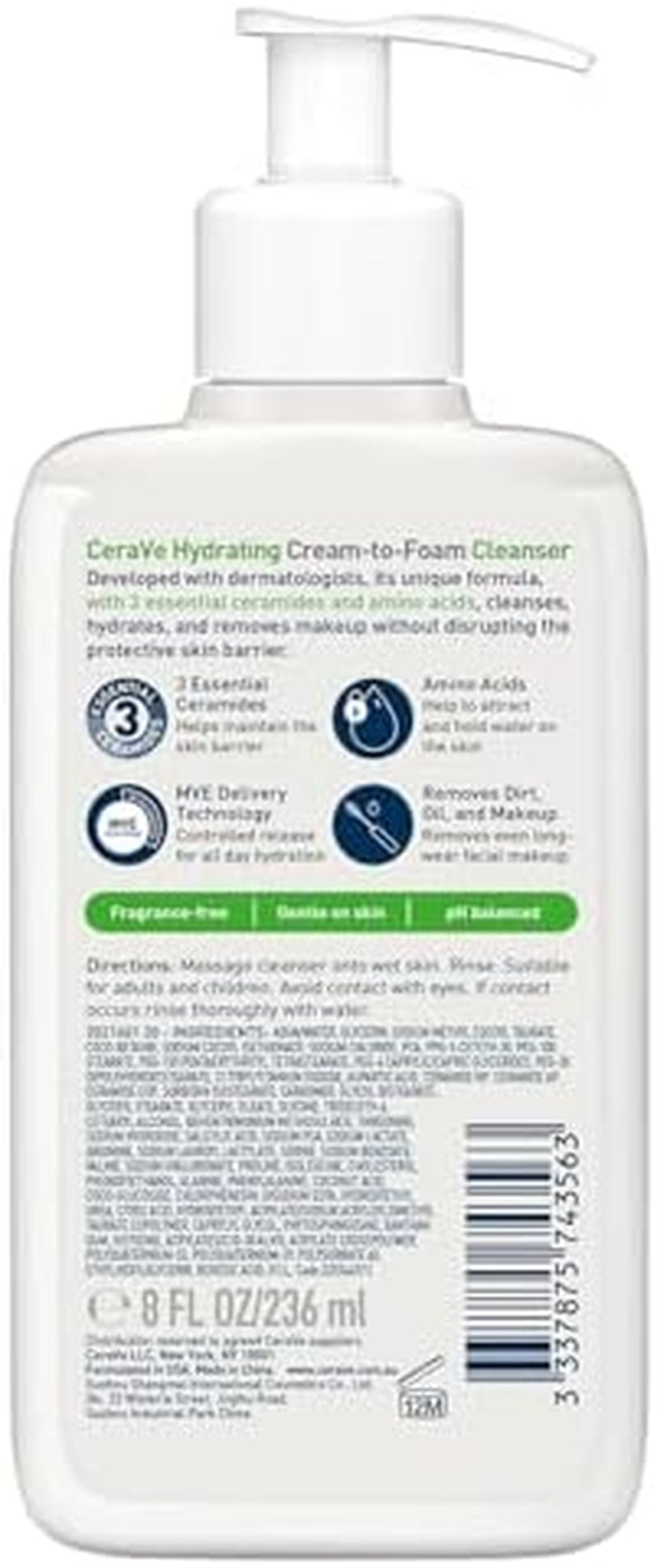 Cerave Hydrating Cream to Foam Cleanser Face Wash 236Ml, for rmal to Dry Skin, Hydrates + Removes Makeup without Disrupting the Protective Skin Barrier, Hyaluronic Acid + Ami Acids + Ceramides