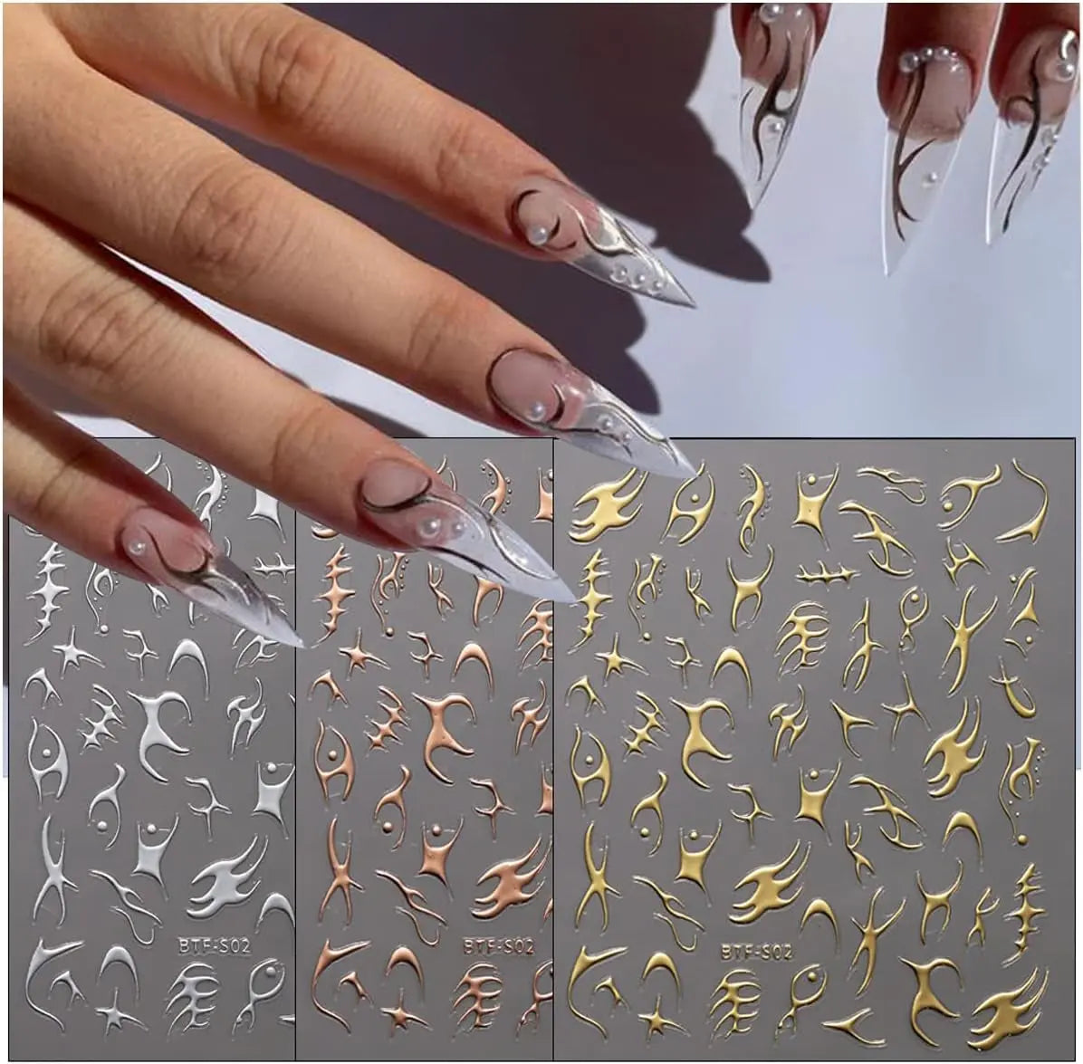 Gold Nail Art Stickers 3D Metal Silver Fish Bone Nail Decals Holographic Stripe Line Graffiti Design Champagne Gold Irregular Geometry Bronzing Nail Supplies Manicure French Nail Art Decoration 6 Pcs