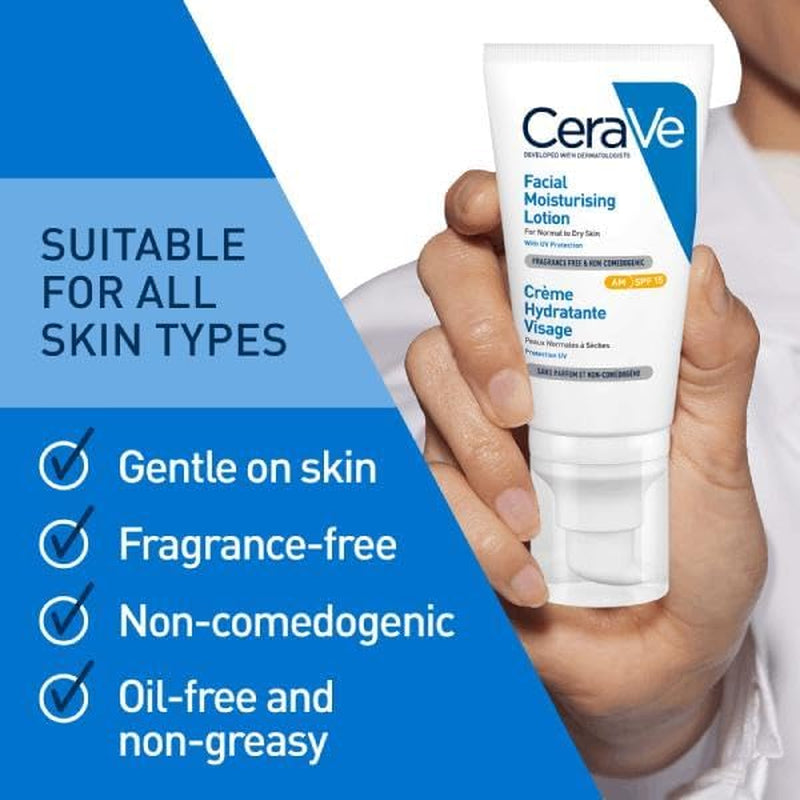 Cerave Facial Moisturising Lotion AM SPF15 52Ml, UV Protection for rmal to Dry Skin, Daily Face Moisturiser with SPF, Hyaluronic Acid + Niacinamide + Ceramides, Fragrance Free + n-Comedogenic