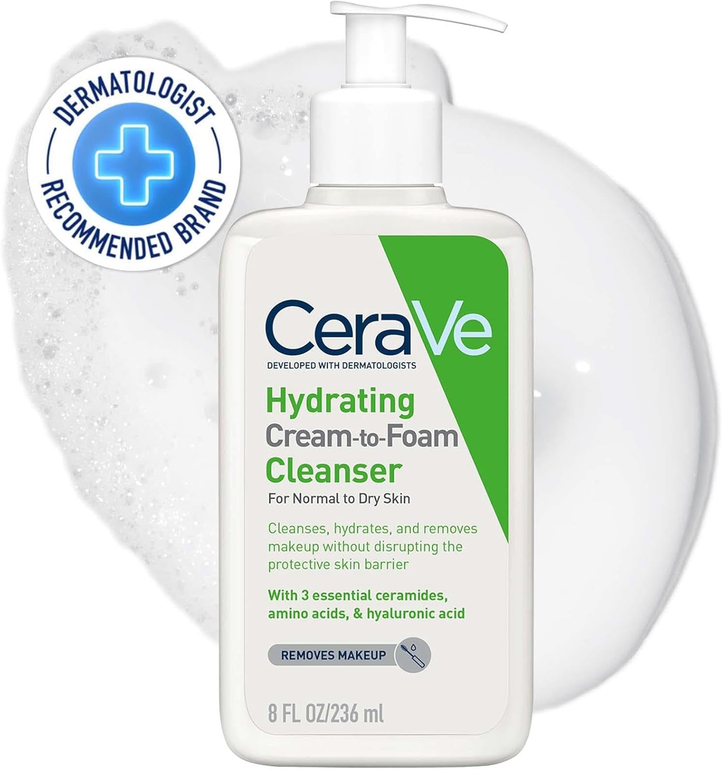 Cerave Hydrating Cream to Foam Cleanser Face Wash 236Ml, for rmal to Dry Skin, Hydrates + Removes Makeup without Disrupting the Protective Skin Barrier, Hyaluronic Acid + Ami Acids + Ceramides
