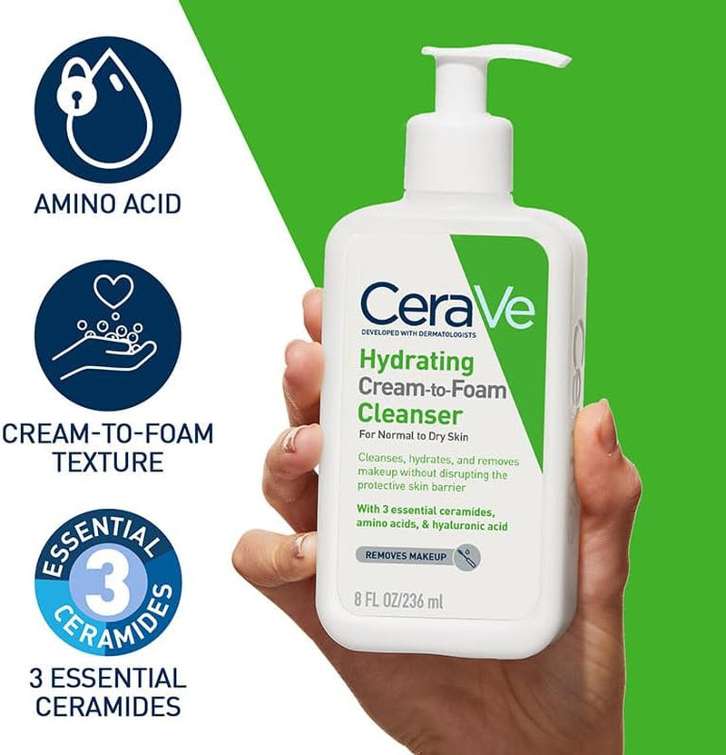 Cerave Hydrating Cream to Foam Cleanser Face Wash 236Ml, for rmal to Dry Skin, Hydrates + Removes Makeup without Disrupting the Protective Skin Barrier, Hyaluronic Acid + Ami Acids + Ceramides