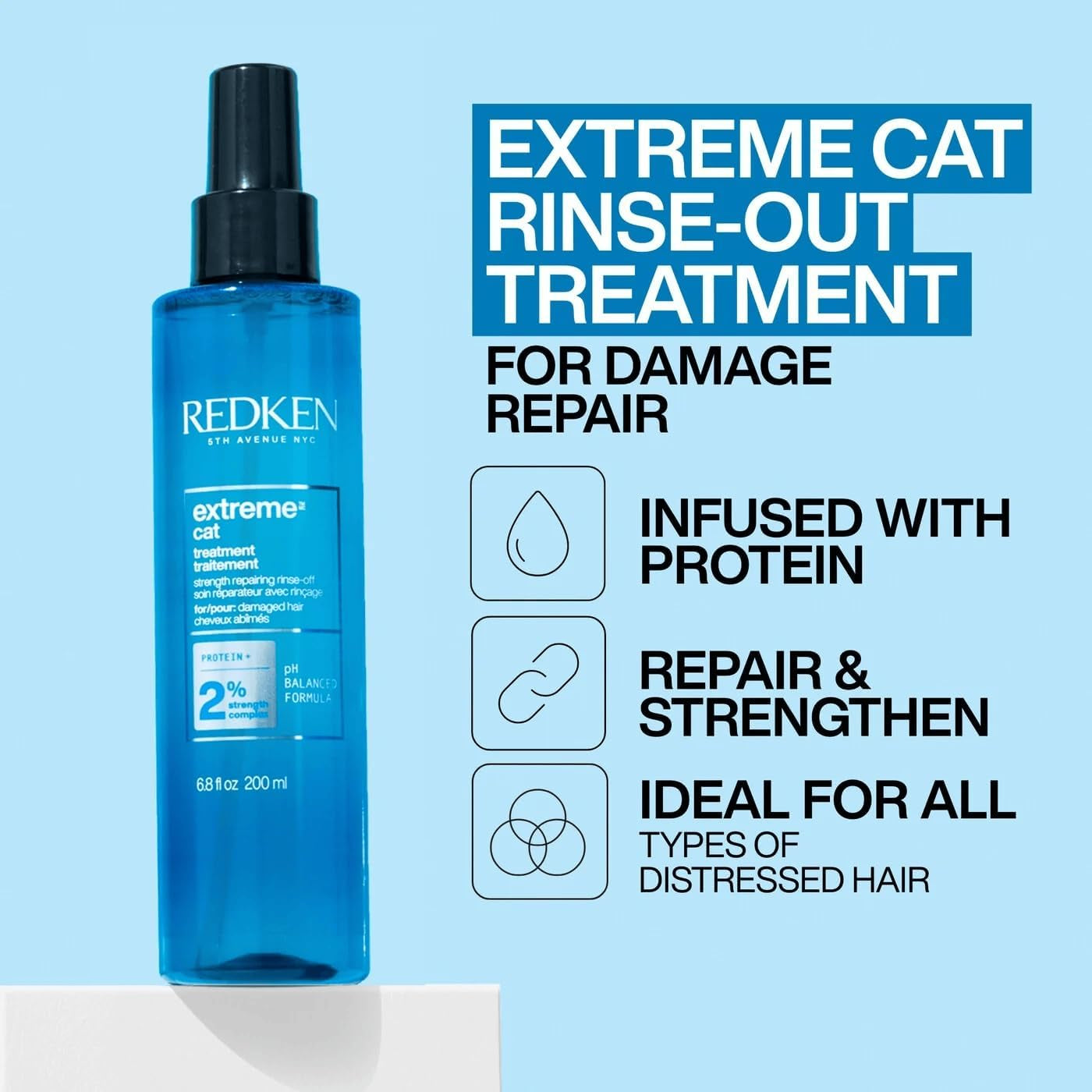 Redken Extreme CAT Anti-Damage Protein Reconstructing Rinse Out Treatment | for Distressed Hair | Strengthens Hair & Adds Shine | with Ceramide