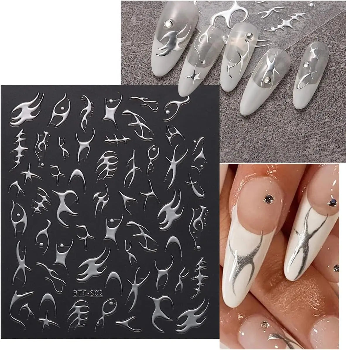 Gold Nail Art Stickers 3D Metal Silver Fish Bone Nail Decals Holographic Stripe Line Graffiti Design Champagne Gold Irregular Geometry Bronzing Nail Supplies Manicure French Nail Art Decoration 6 Pcs