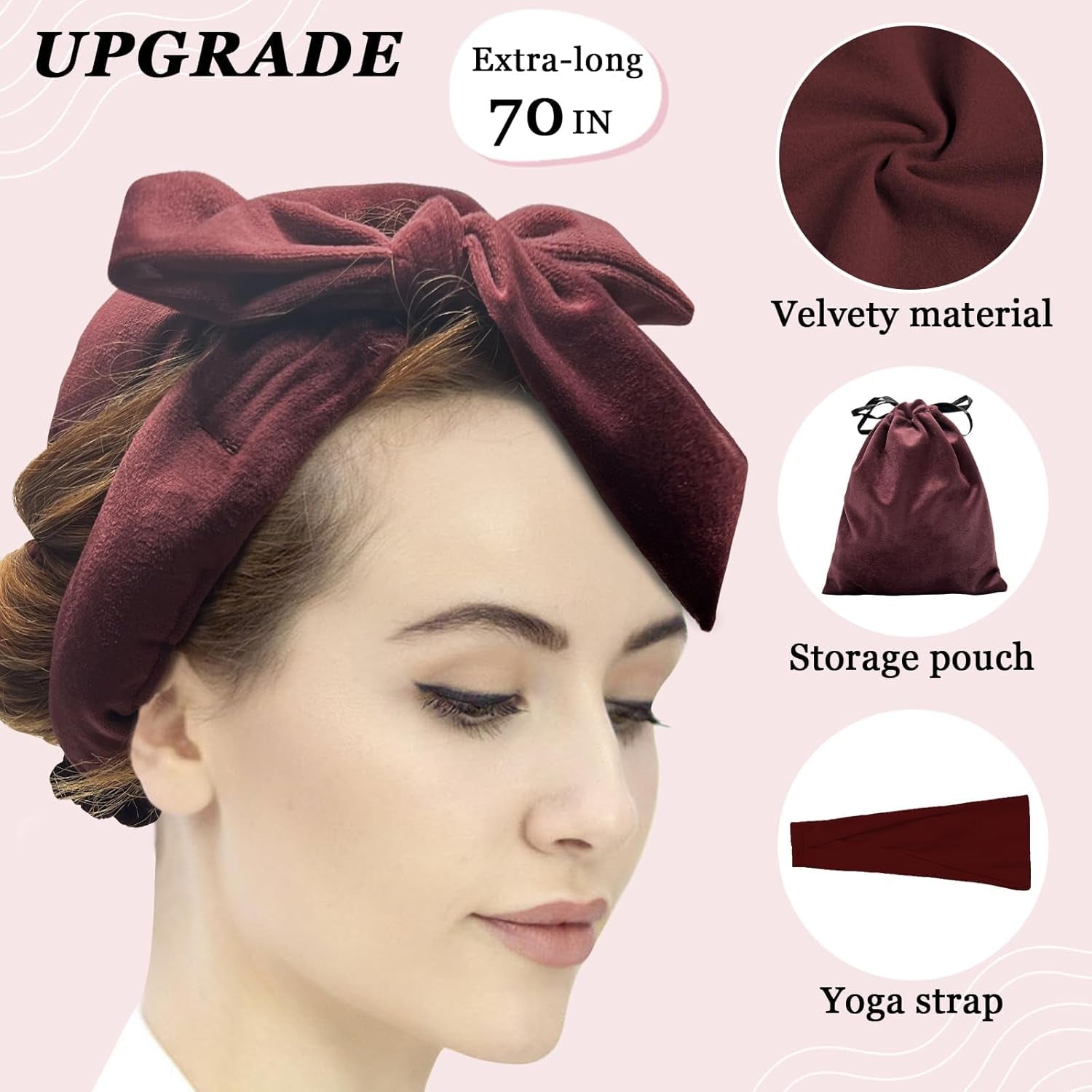 Hair Curler Headband, No Heat Overnight Hair Curler, 70" Long Velour Lazy Hair Curls Roller Wrap for Women Girls Long Hair - Reddish Brown
