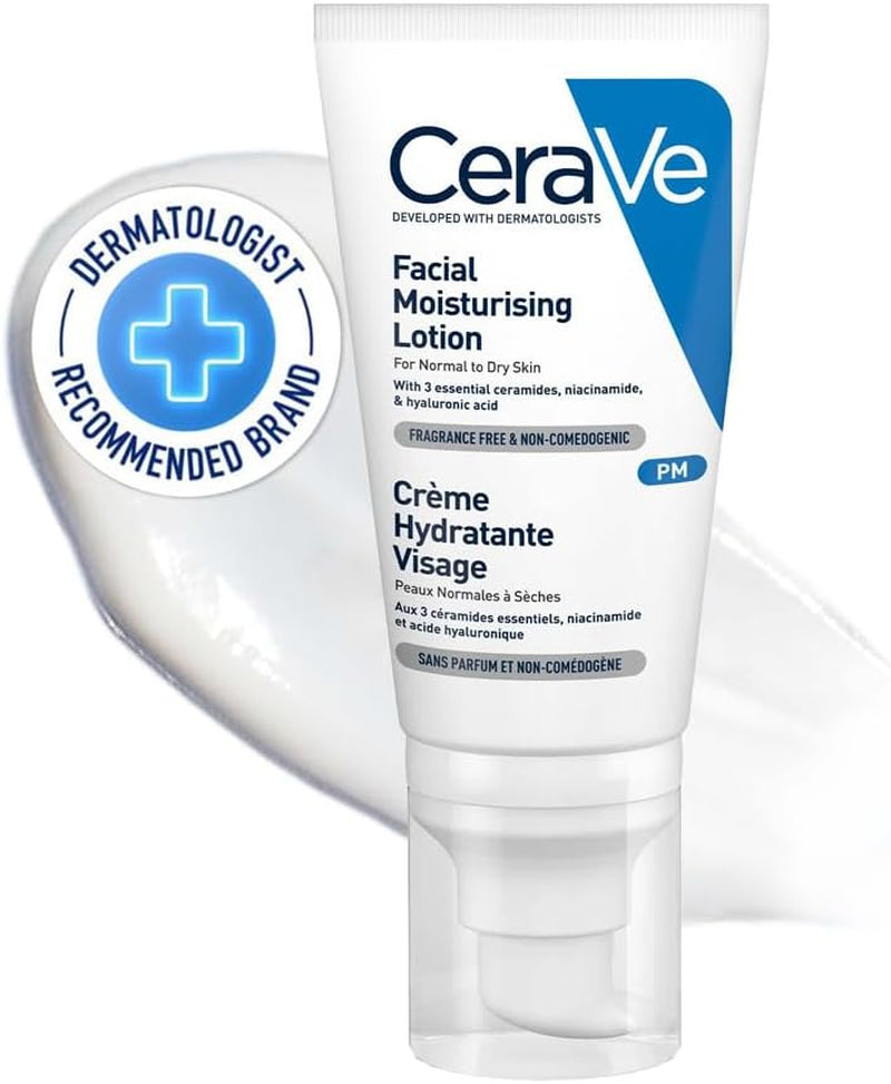 Facial Moisturising Lotion PM 52Ml, for Normal to Dry Skin, for Daily Use, Hyaluronic Acid + Niacinamide + Ceramides, Lightweight & Non-Greasy, Fragrance Free + Non-Comedogenic + Oil-Free