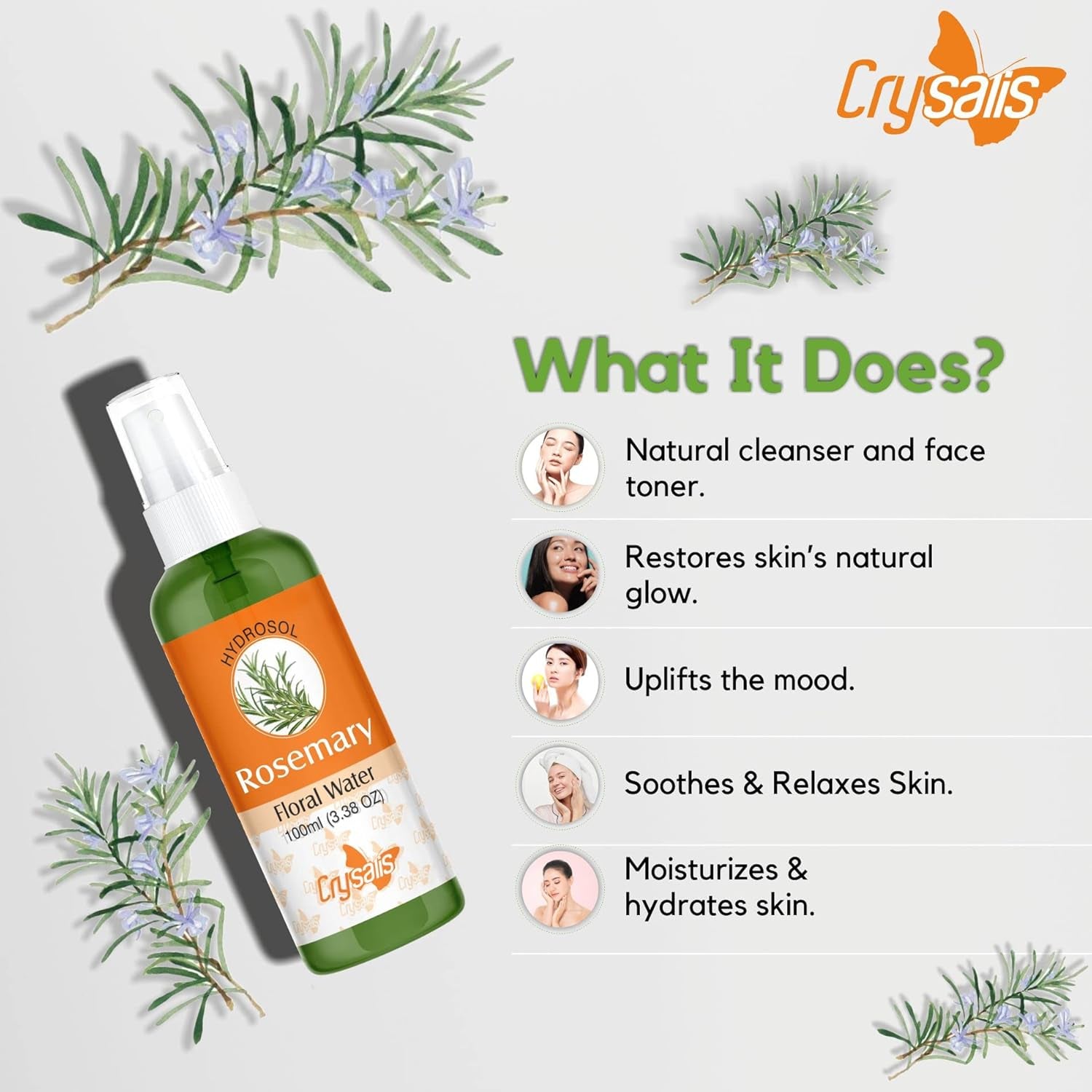 100% Pure Natural Rosemary Hydrosol Uncut Steam Distilled Leaves & Stems of Salvia Rosmarinus Purified Floral Water Cosmetic Grade Facial Aromatic Mist Spray Rejuvenates Skin Cells -100 ML