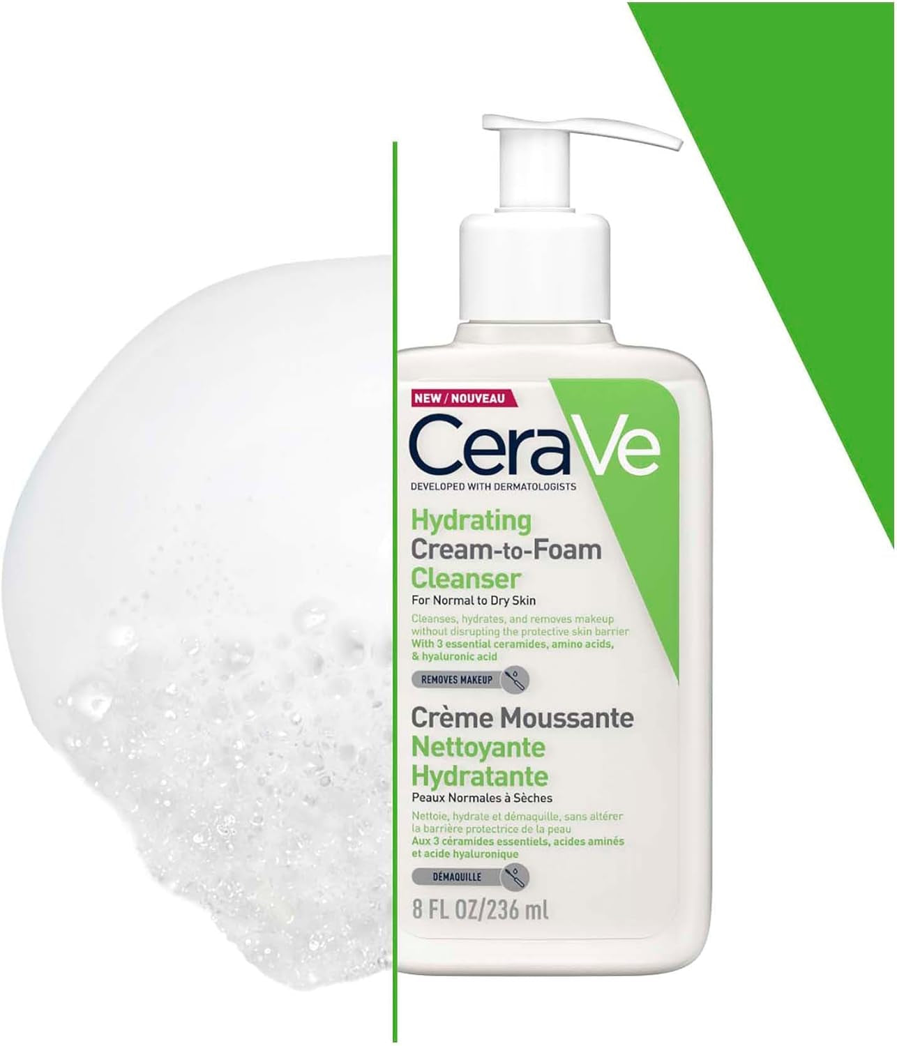 Cerave Hydrating Cream to Foam Cleanser Face Wash 236Ml, for rmal to Dry Skin, Hydrates + Removes Makeup without Disrupting the Protective Skin Barrier, Hyaluronic Acid + Ami Acids + Ceramides
