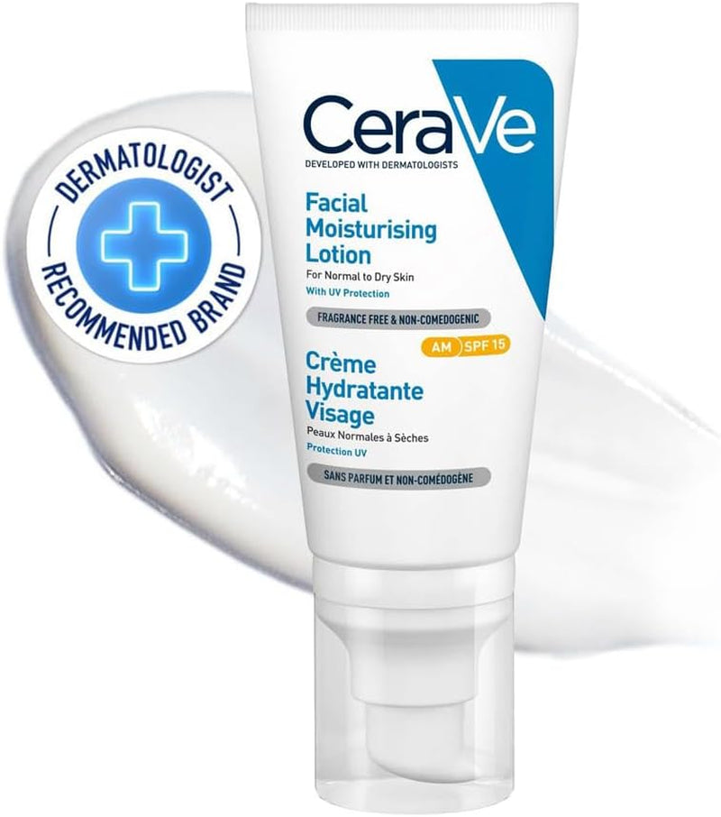 Cerave Facial Moisturising Lotion AM SPF15 52Ml, UV Protection for rmal to Dry Skin, Daily Face Moisturiser with SPF, Hyaluronic Acid + Niacinamide + Ceramides, Fragrance Free + n-Comedogenic