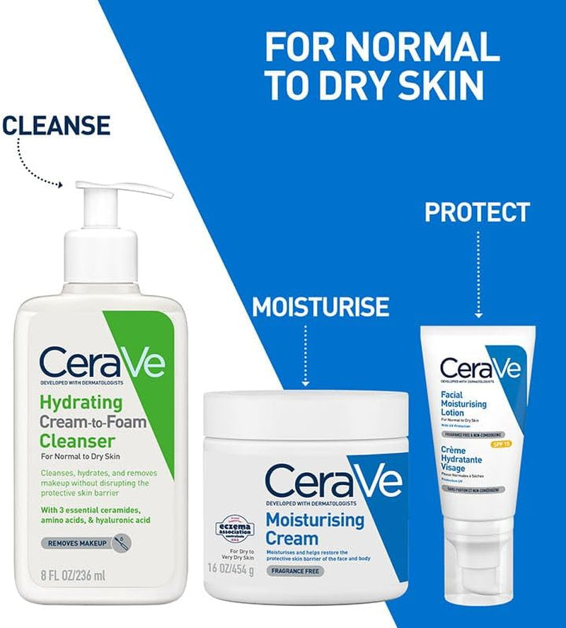 Cerave Hydrating Cream to Foam Cleanser Face Wash 236Ml, for rmal to Dry Skin, Hydrates + Removes Makeup without Disrupting the Protective Skin Barrier, Hyaluronic Acid + Ami Acids + Ceramides