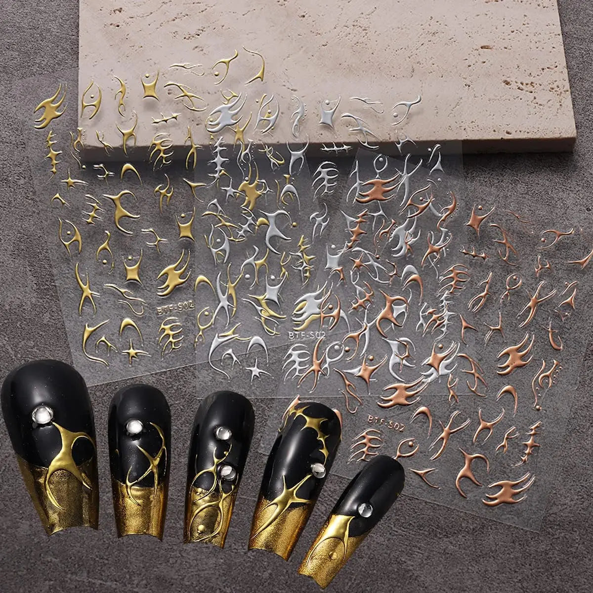 Gold Nail Art Stickers 3D Metal Silver Fish Bone Nail Decals Holographic Stripe Line Graffiti Design Champagne Gold Irregular Geometry Bronzing Nail Supplies Manicure French Nail Art Decoration 6 Pcs