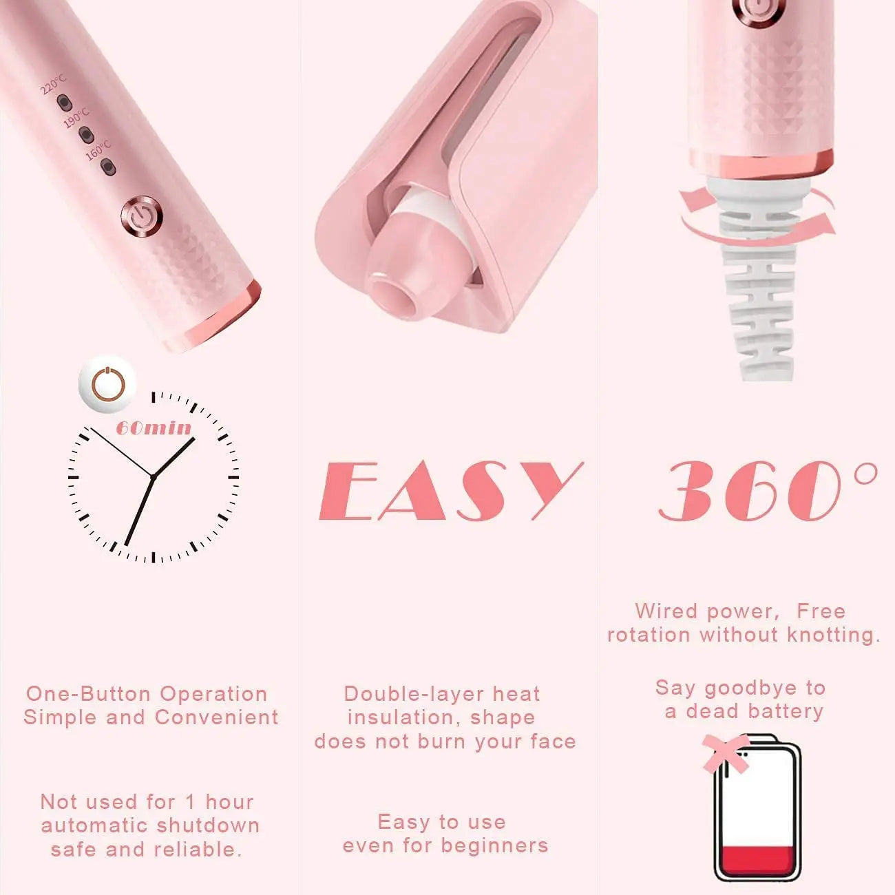 Automatic Curling Iron, Professional Automatic Hair Curler with 1" Curling Iron Large Slot & Adjustable 3 Temperature, Dual Voltage Rotating Curling Iron with Auto Shut-Off for Long Short Hair Styling (Pink)