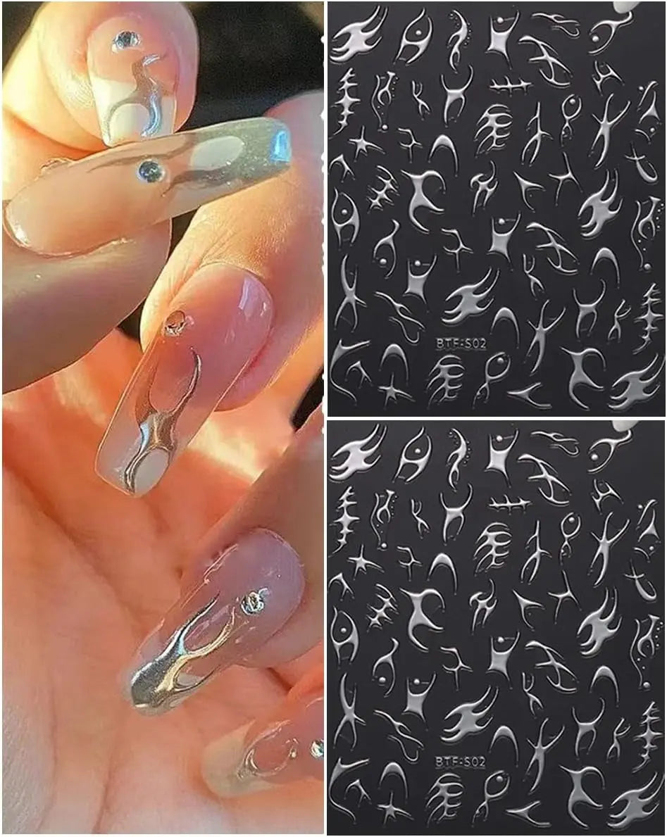 Gold Nail Art Stickers 3D Metal Silver Fish Bone Nail Decals Holographic Stripe Line Graffiti Design Champagne Gold Irregular Geometry Bronzing Nail Supplies Manicure French Nail Art Decoration 6 Pcs