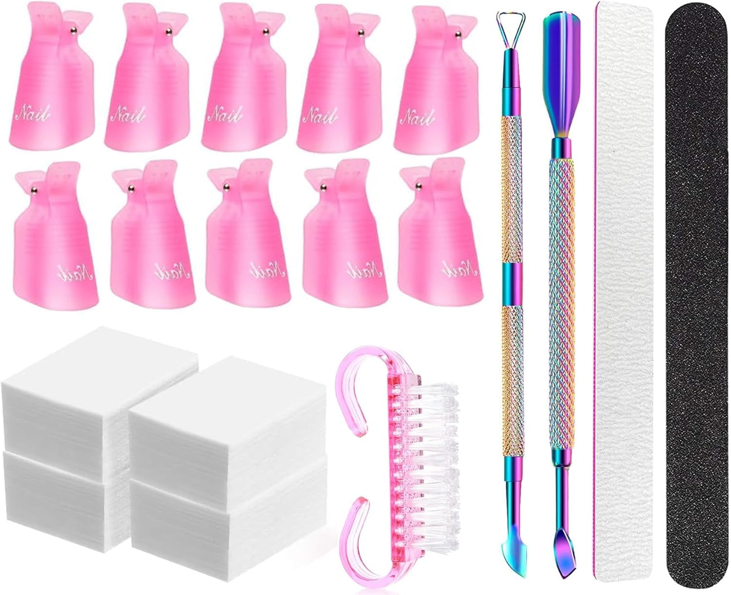 Nail Polish Remover Kit - Complete Nail Care Solution for Fingernails & Toenails - Includes Professional Nail Clips - Nail Cotton Pads - Nail File Grits 100/180 - Cuticle Pusher & Nail Brush