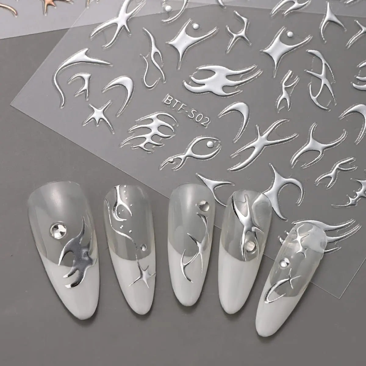 Gold Nail Art Stickers 3D Metal Silver Fish Bone Nail Decals Holographic Stripe Line Graffiti Design Champagne Gold Irregular Geometry Bronzing Nail Supplies Manicure French Nail Art Decoration 6 Pcs