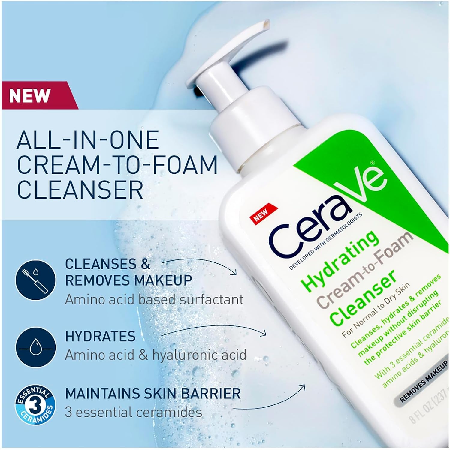 Cerave Hydrating Cream to Foam Cleanser Face Wash 236Ml, for rmal to Dry Skin, Hydrates + Removes Makeup without Disrupting the Protective Skin Barrier, Hyaluronic Acid + Ami Acids + Ceramides