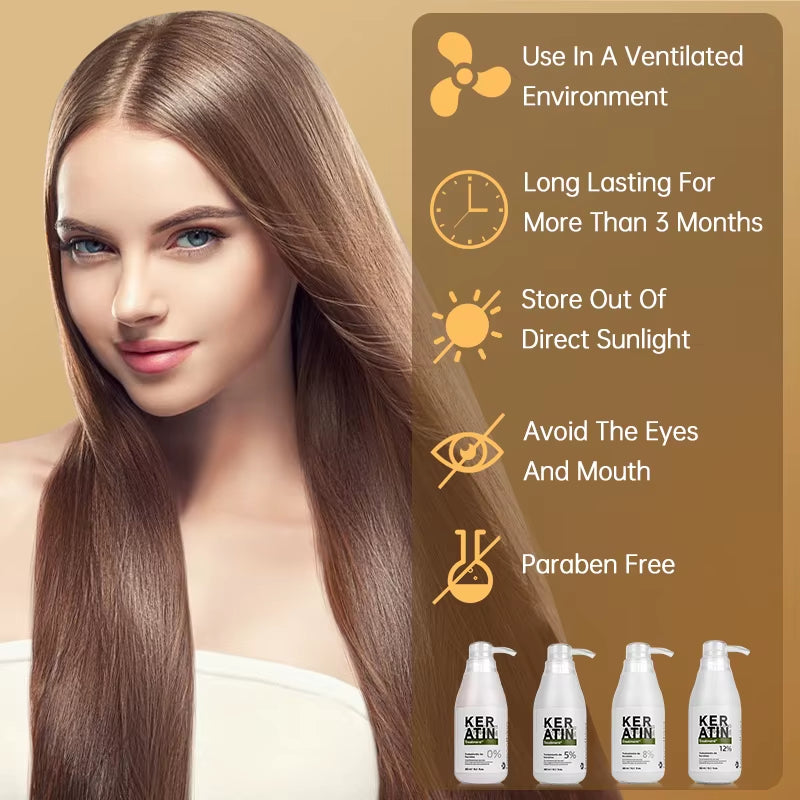 Brazilian Keratin Hair Treatment Formalin Professional Straightening Smoothing Curly Hair Frizz Dry Repair Cream Hair Care