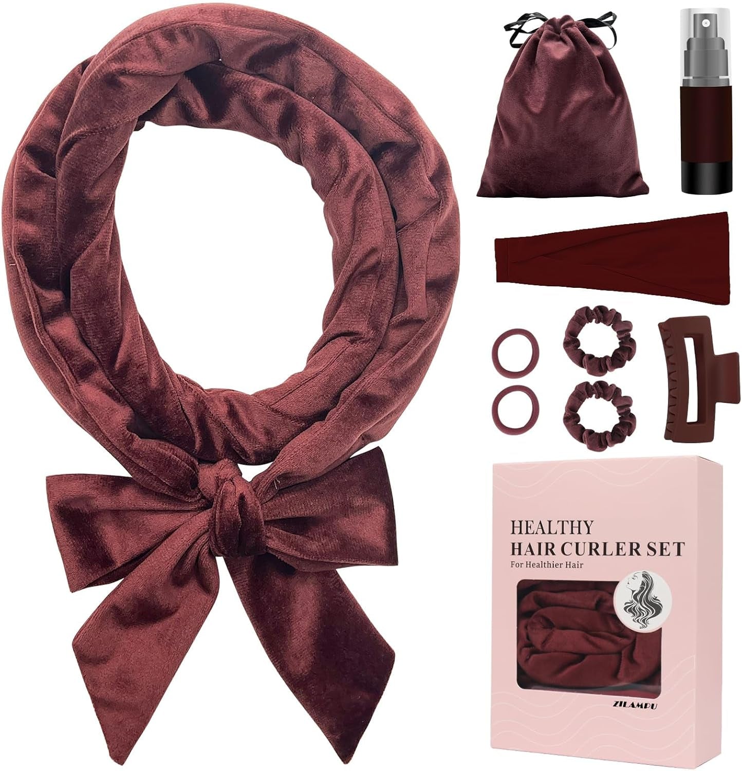 Hair Curler Headband, No Heat Overnight Hair Curler, 70" Long Velour Lazy Hair Curls Roller Wrap for Women Girls Long Hair - Reddish Brown